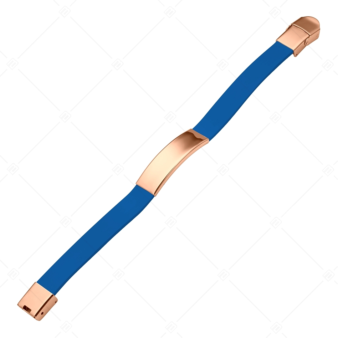 BALCANO - Kék színű bőr karkötő, gravírozható, téglalap alakú 18K rozé arany bevonatú nemesacél fejrésszel (551096LT48)