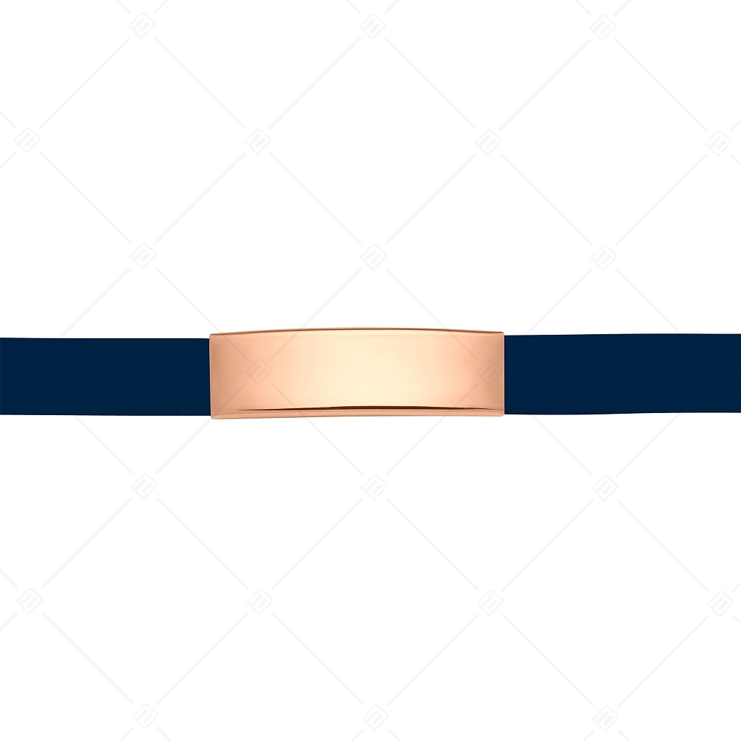 BALCANO - Sötétkék színű bőr karkötő, gravírozható, téglalap alakú 18K rozé arany bevonatú nemesacél fejrésszel (551096LT49)