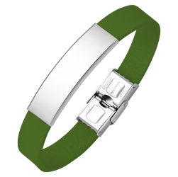 BALCANO - Zöld színű bőr karkötő, gravírozható, téglalap alakú nemesacél fejrésszel