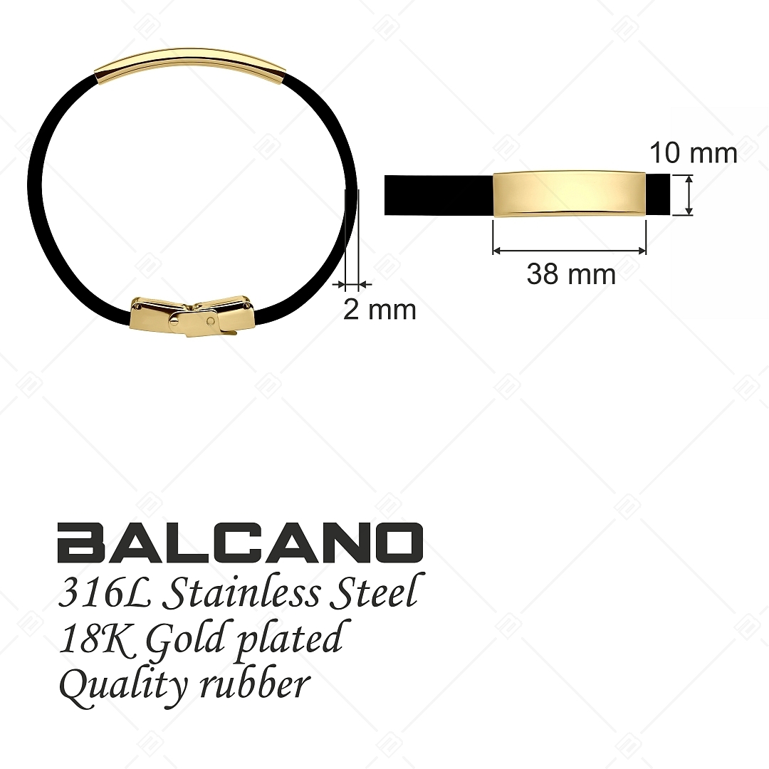 BALCANO - Fekete színű kaucsuk karkötő, gravírozható, téglalap alakú 18K arany bevonatú nemesacél fejrésszel (553088CA11)