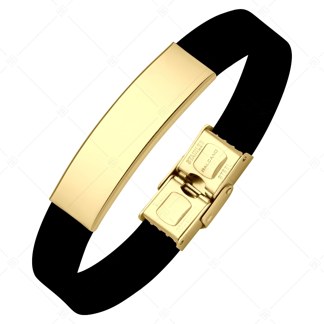 BALCANO - Fekete színű kaucsuk karkötő, gravírozható, téglalap alakú 18K arany bevonatú nemesacél fejrésszel (553088CA11)