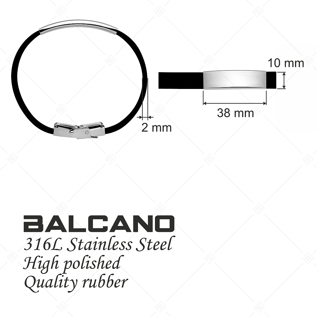 BALCANO - Fekete színű kaucsuk karkötő, gravírozható, téglalap alakú nemesacél fejrésszel (553097CA11)