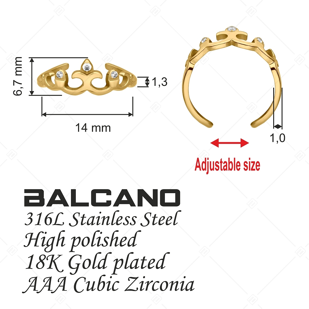 BALCANO - Crown / Korona alakú nemesacél lábujjgyűrű cirkónia drágakövekkel, 18K arany bevonattal (651016BC88)