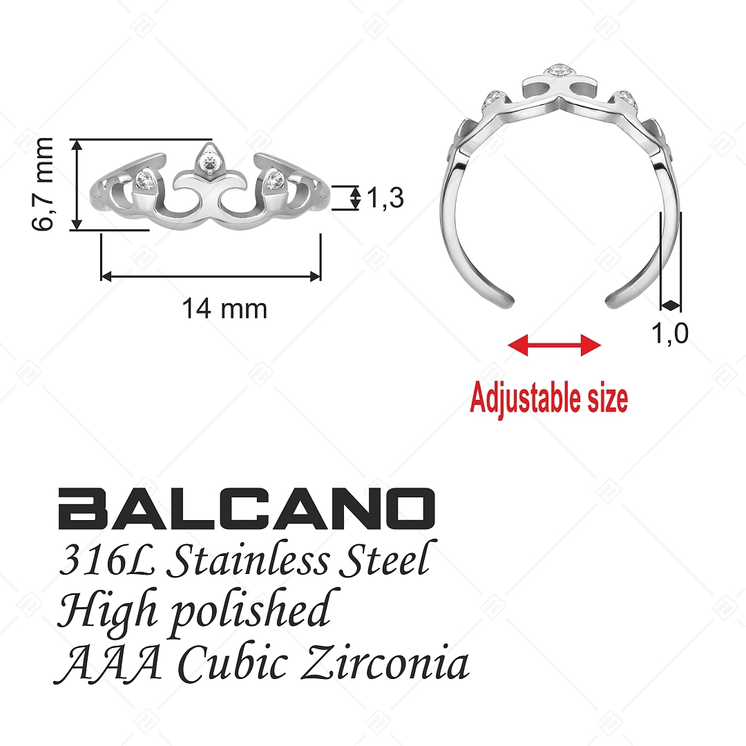 BALCANO - Crown / Korona alakú nemesacél lábujjgyűrű cirkónia drágakövekkel, magasfényű polírozással (651016BC97)