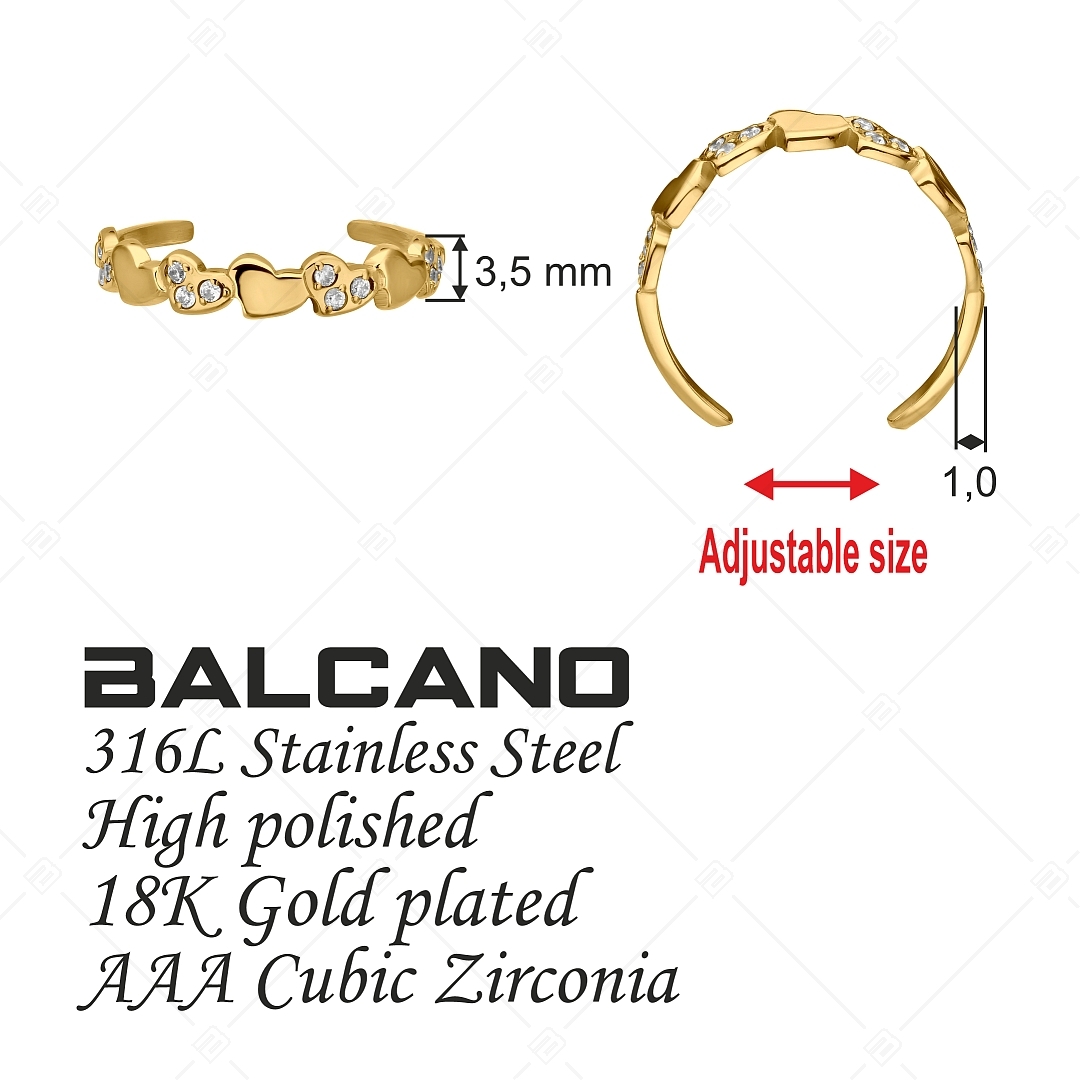 BALCANO - Hearts / Szivecskékből álló nemesacél lábujjgyűrű cirkónia drágakövekkel és 18K arany bevonattal (651017BC88)