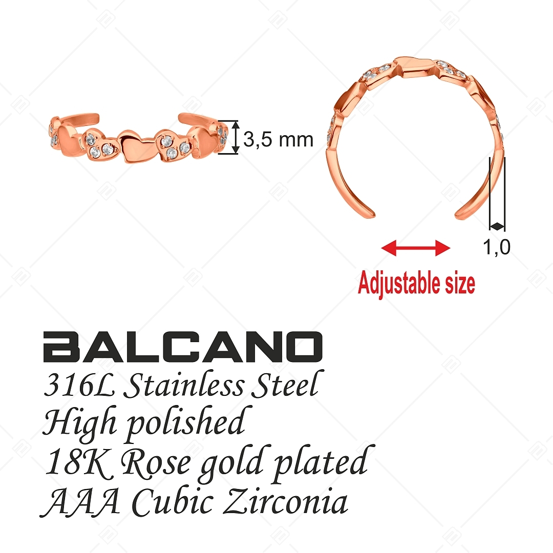 BALCANO - Hearts / Szivecskékből álló nemesacél lábujjgyűrű cirkónia drágakövekkel és 18K rozé arany bevonattal (651017BC96)