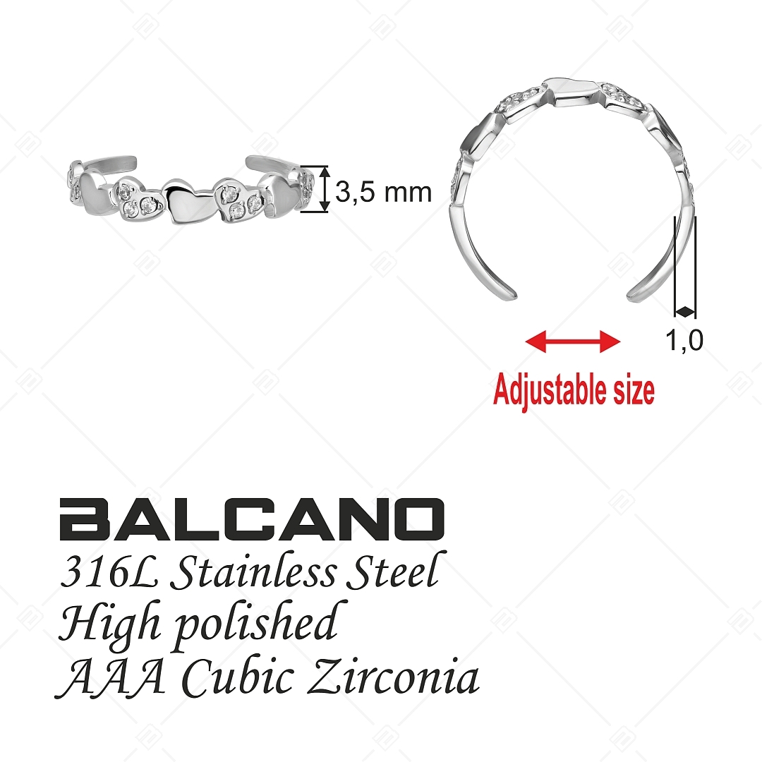BALCANO - Hearts / Szivecskékből álló nemesacél lábujjgyűrű cirkónia drágakövekkel és magasfényű polírozással (651017BC97)