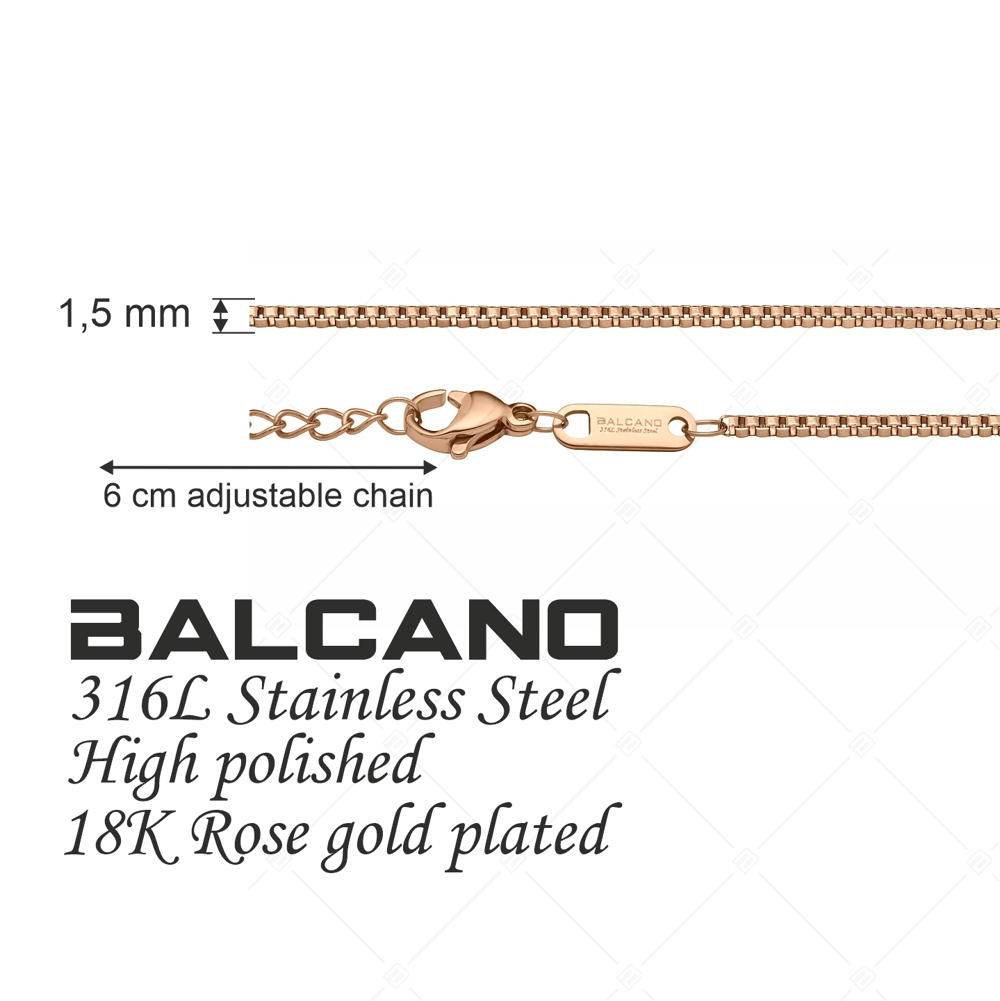 BALCANO - Venetian / Nemesacél velencei kocka bokalánc 18K rozé arany bevonattal - 1,5 mm (751292BC96)