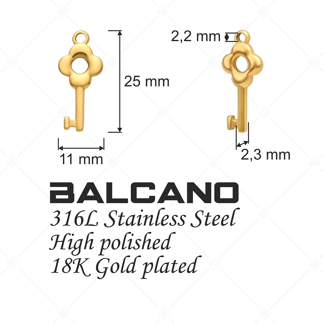 BALCANO - Nemesacél virágos kulcs alakú charm, 18K arany bevonattal (851013CH88)